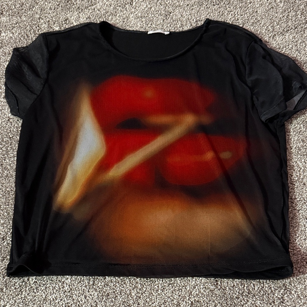 Ardene Black Mesh Tee with Red Lip Graphic